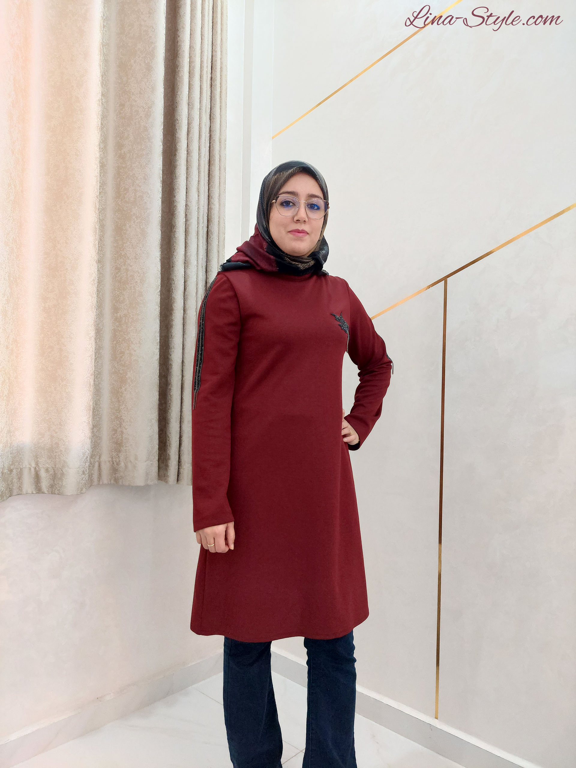 Tunique 0122 - Rouge motif feuille